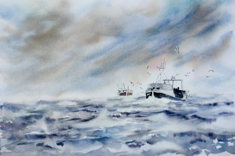 海上帆船水彩画