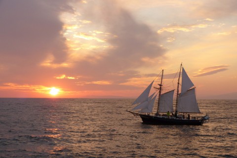 夕阳下的白色帆船