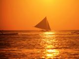 夕阳中海上前行的帆船